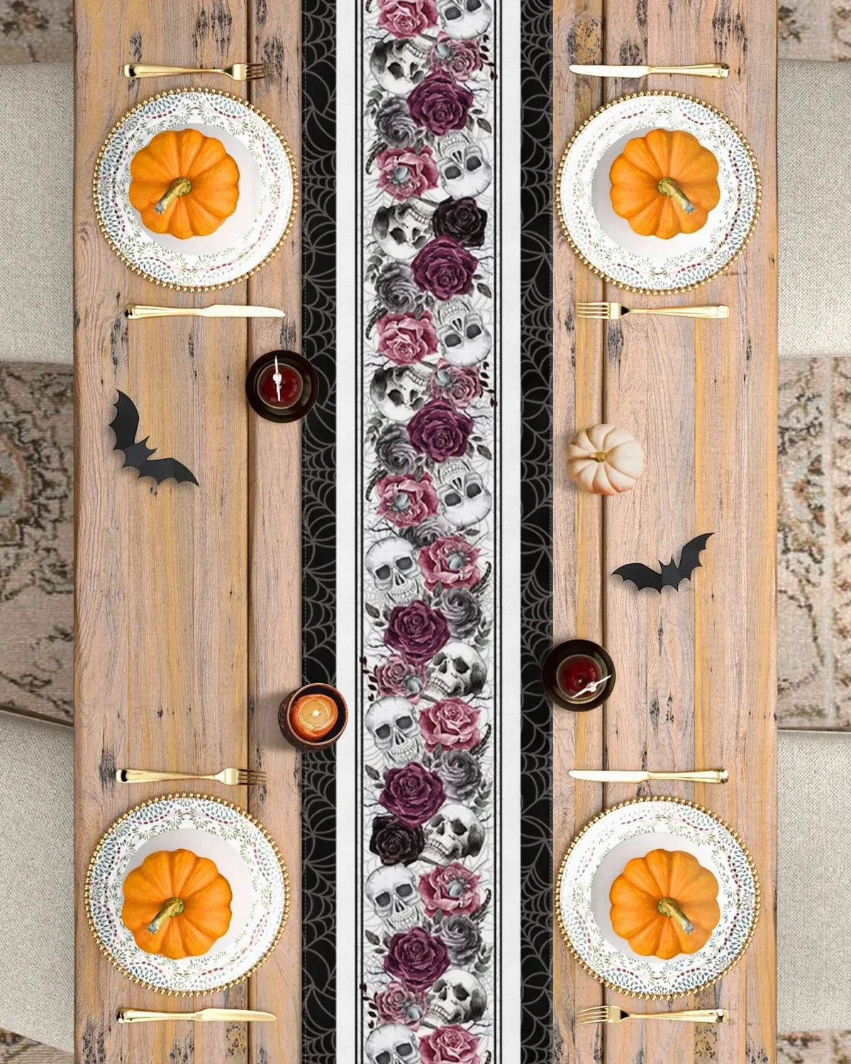Table Runner Linen Blend Skull Rose & Crow Print