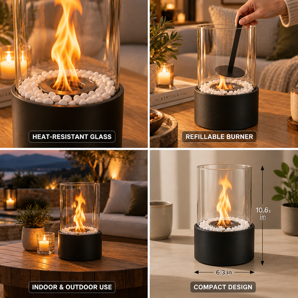Tabletop Fire Pit Refillable Burner Heat-Resistant Glass