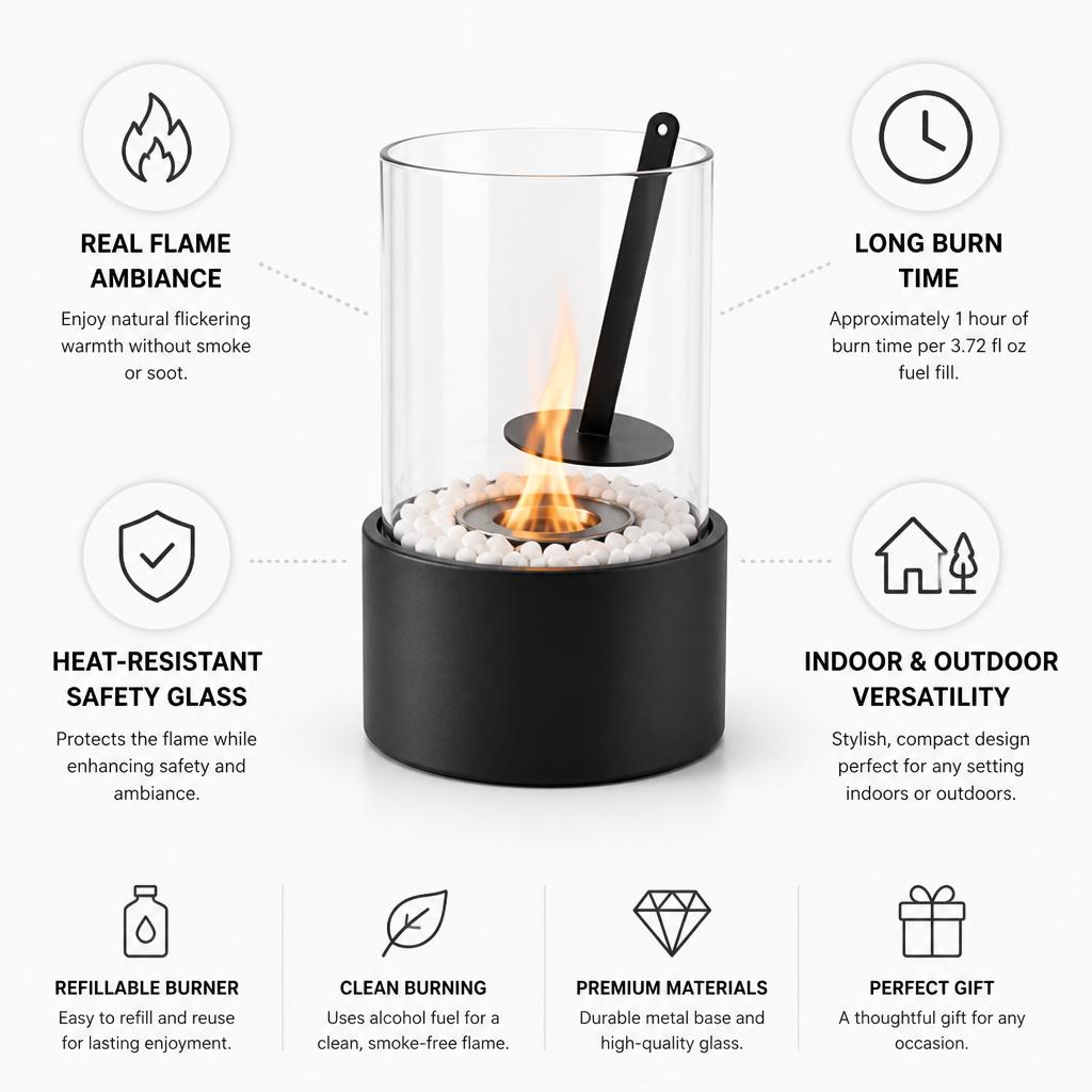 Tabletop Fire Pit Refillable Burner Heat-Resistant Glass