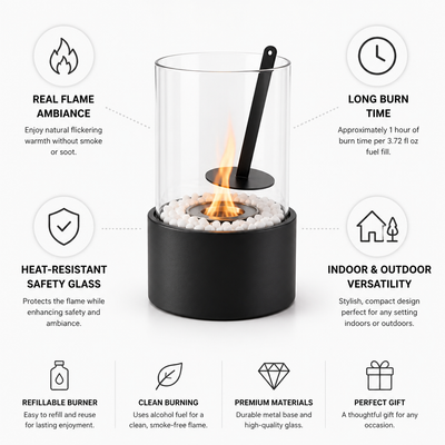 Tabletop Fire Pit Refillable Burner Heat-Resistant Glass