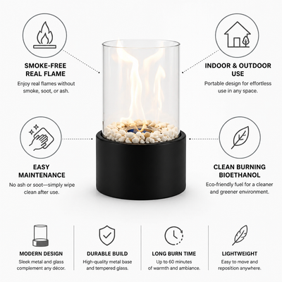 Tabletop Fireplace Smoke-Free Bioethanol Tempered Glass