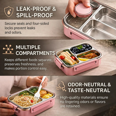 Thermal Food Container Insulated Multi-Compartment Stainless Steel Leak-Proof