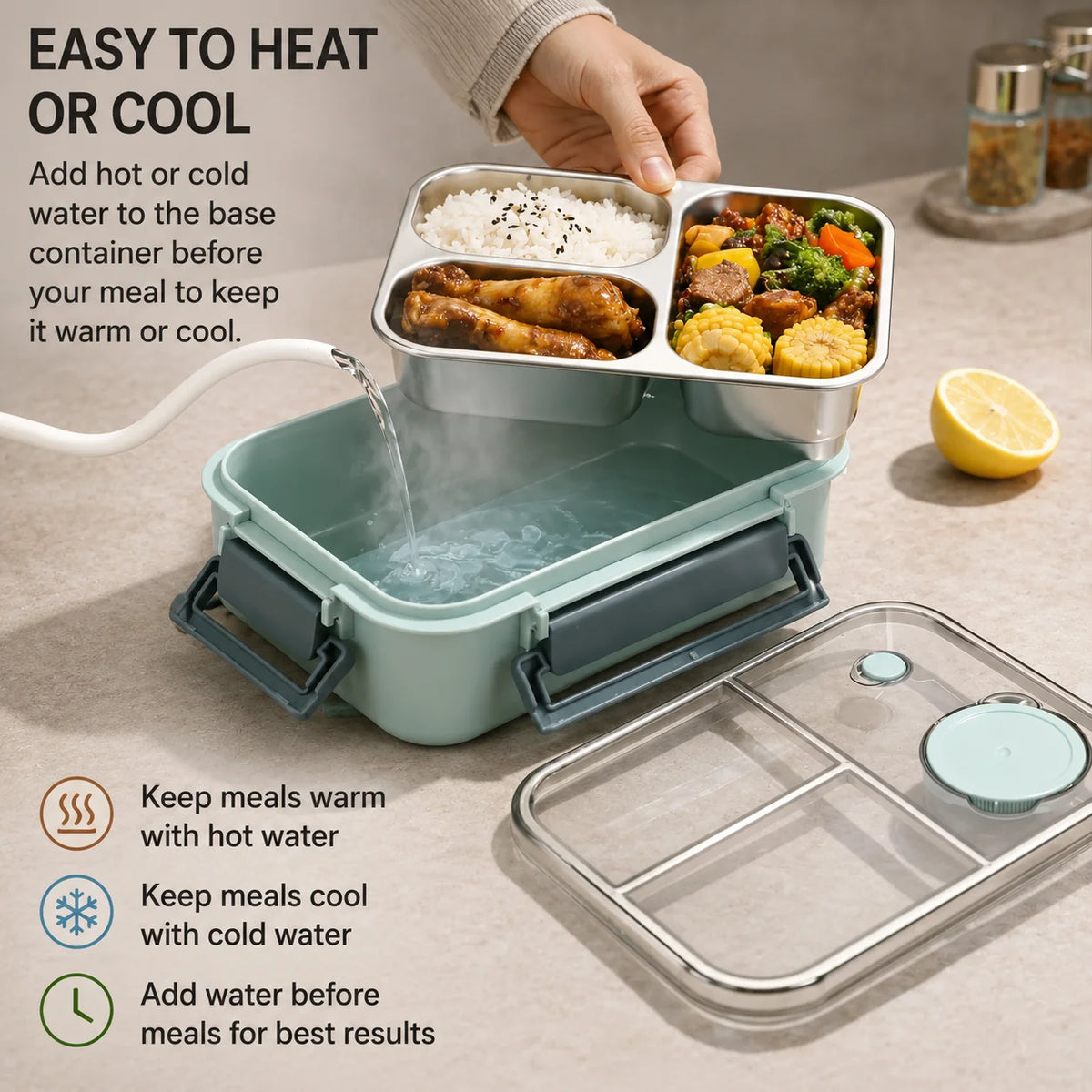 Thermal Food Container Leak-Proof Click Lock Stainless Steel Compartments