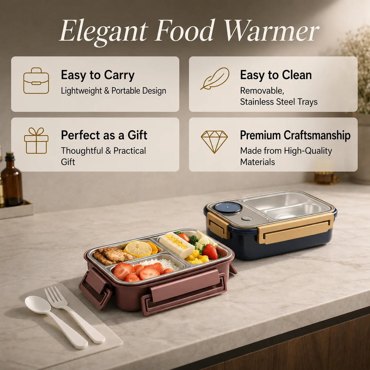 Thermal Food Container Leak-Proof Click Lock Stainless Steel Compartments
