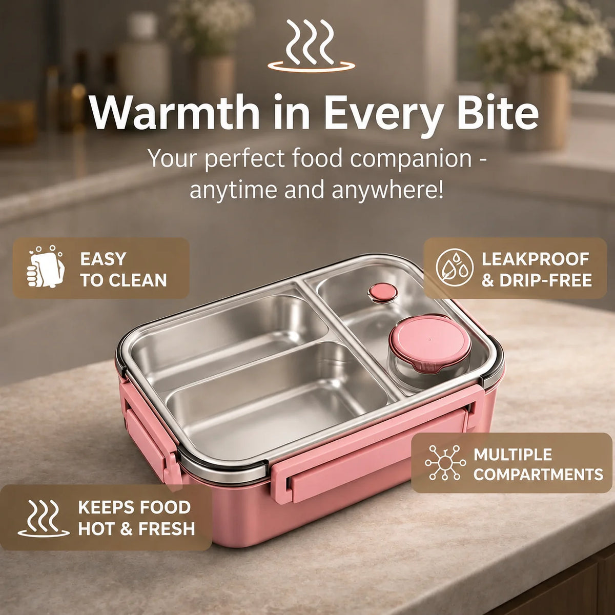 Thermal Food Container Leak-Proof Click Lock Stainless Steel Compartments