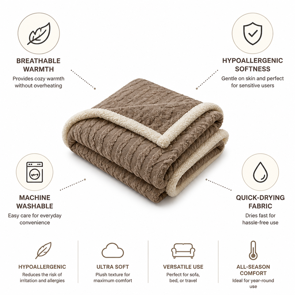 Throw Blanket Hypoallergenic Breathable Machine Washable & Quick-Drying