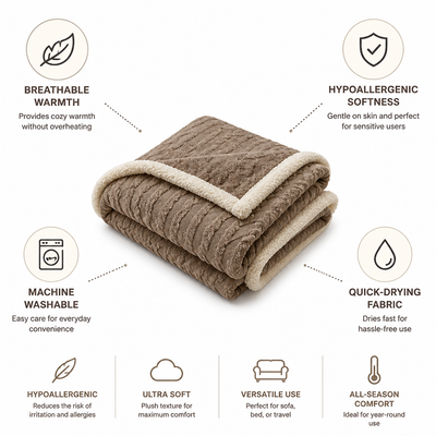 Throw Blanket Hypoallergenic Breathable Machine Washable & Quick-Drying