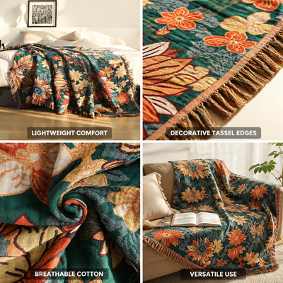 Throw Blanket Pure Cotton Lightweight & Breathable Tassel Edges