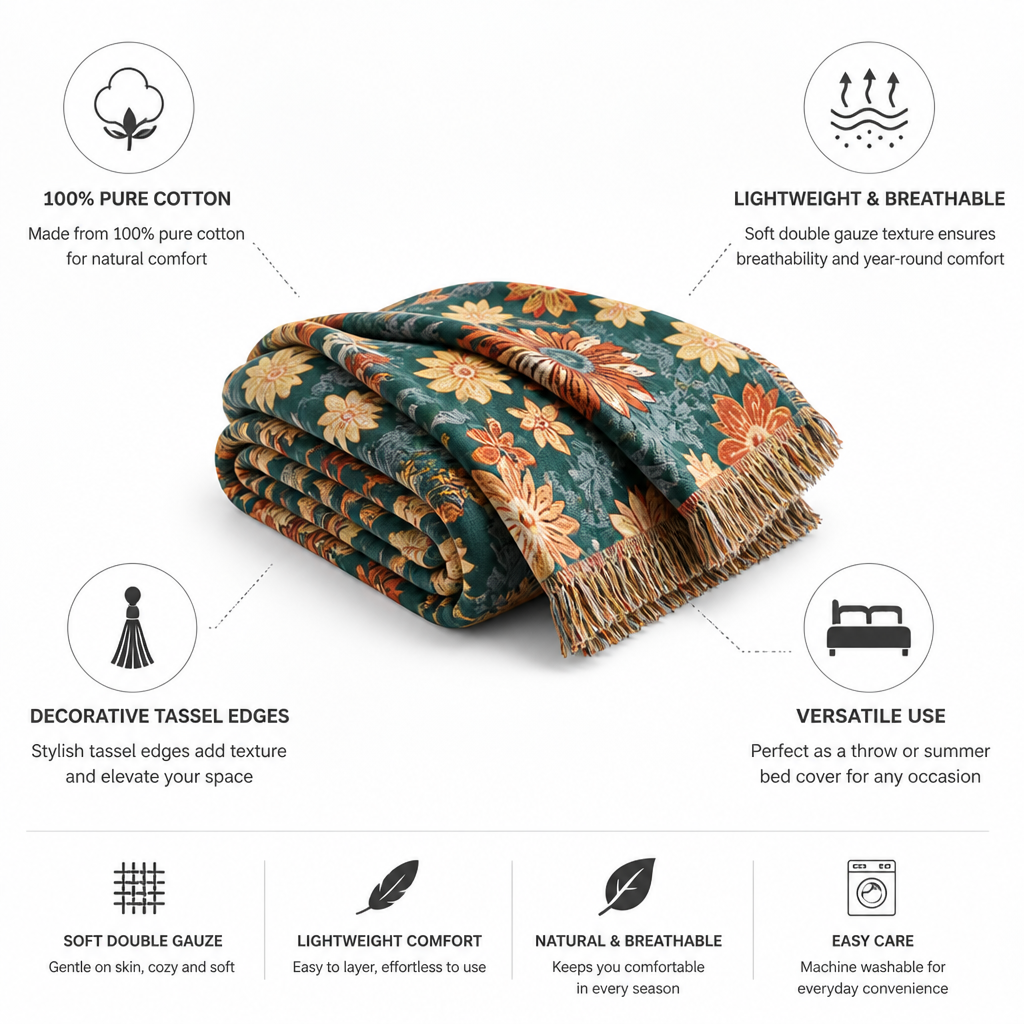 Throw Blanket Pure Cotton Lightweight & Breathable Tassel Edges