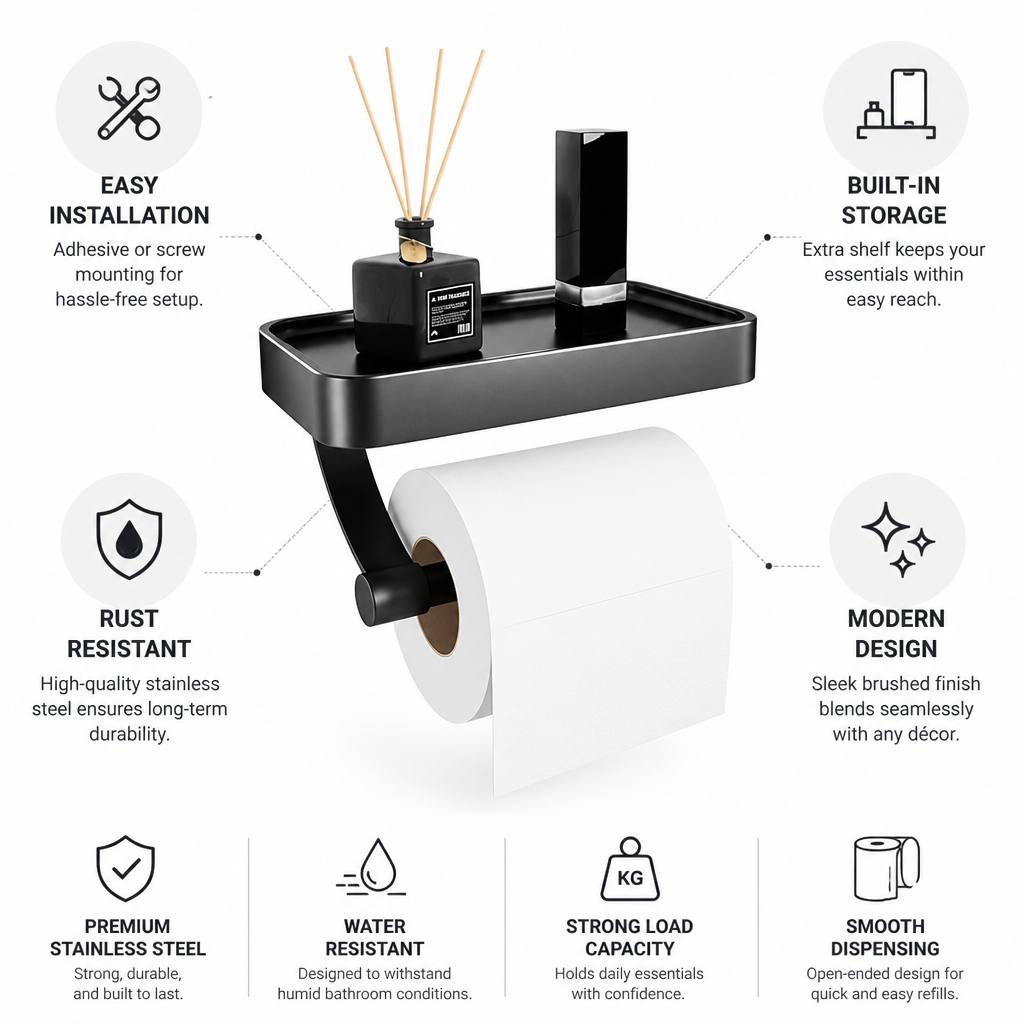 Toilet Paper Holder Wall-Mounted Brushed Stainless Shelf