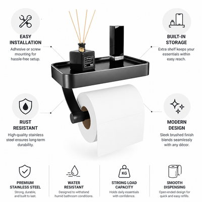Toilet Paper Holder Wall-Mounted Brushed Stainless Shelf