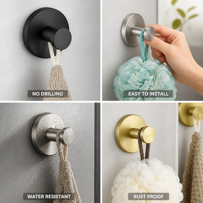 Towel & Robe Hook No-Drill Suction Mount Stainless Steel