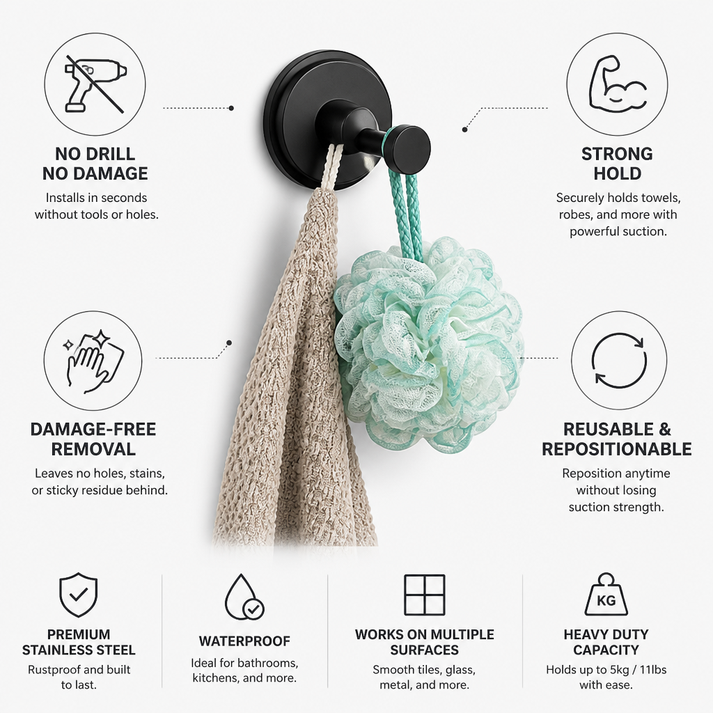 Towel & Robe Hook No-Drill Suction Mount Stainless Steel