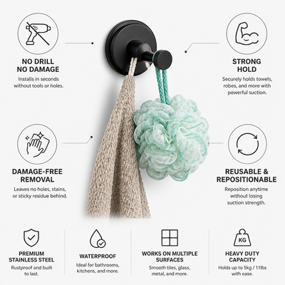 Towel & Robe Hook No-Drill Suction Mount Stainless Steel
