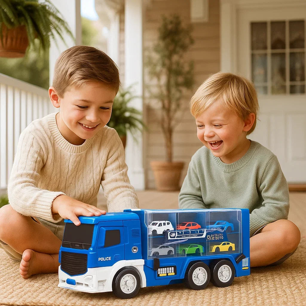 Transforming Race Truck Foldable Multi-Level Track With Six Cars