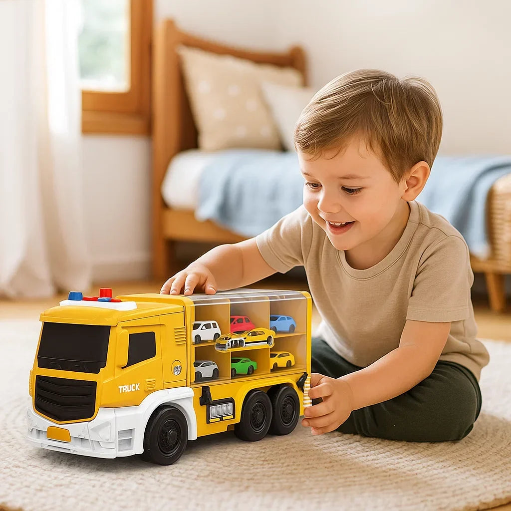 Transforming Race Truck Foldable Multi-Level Track With Six Cars