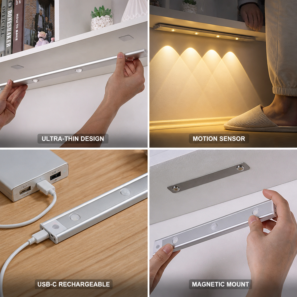 Under-Cabinet Motion Sensor Light Ultra-Thin USB-C Rechargeable Magnetic Mount