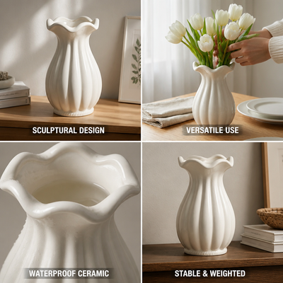 Vase Pleated Sculptural Matte Ceramic
