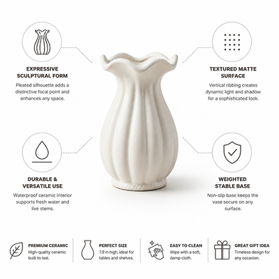 Vase Pleated Sculptural Matte Ceramic