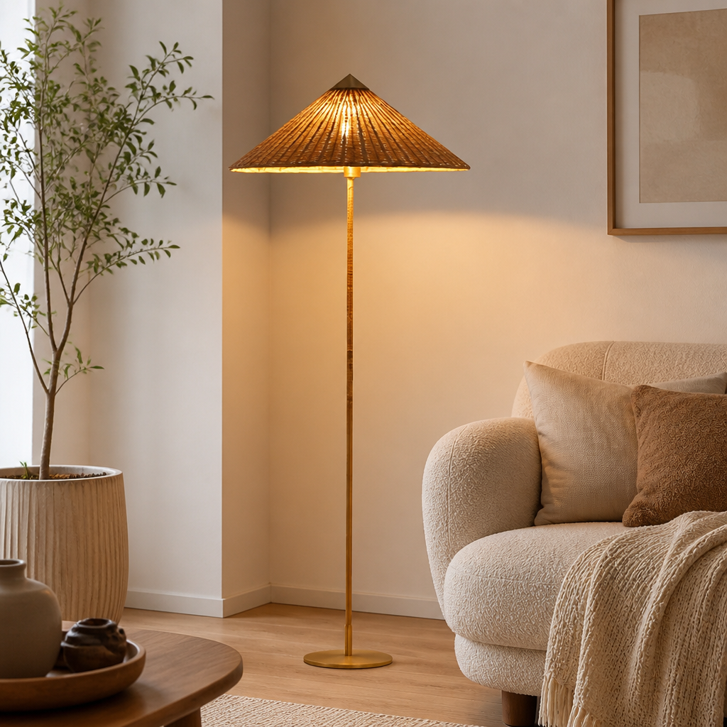 Vintage Bamboo LED Hat Shade Floor Lamp