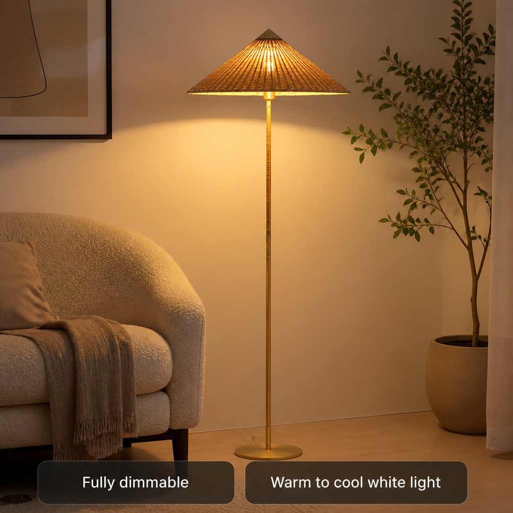 Vintage Bamboo LED Hat Shade Floor Lamp