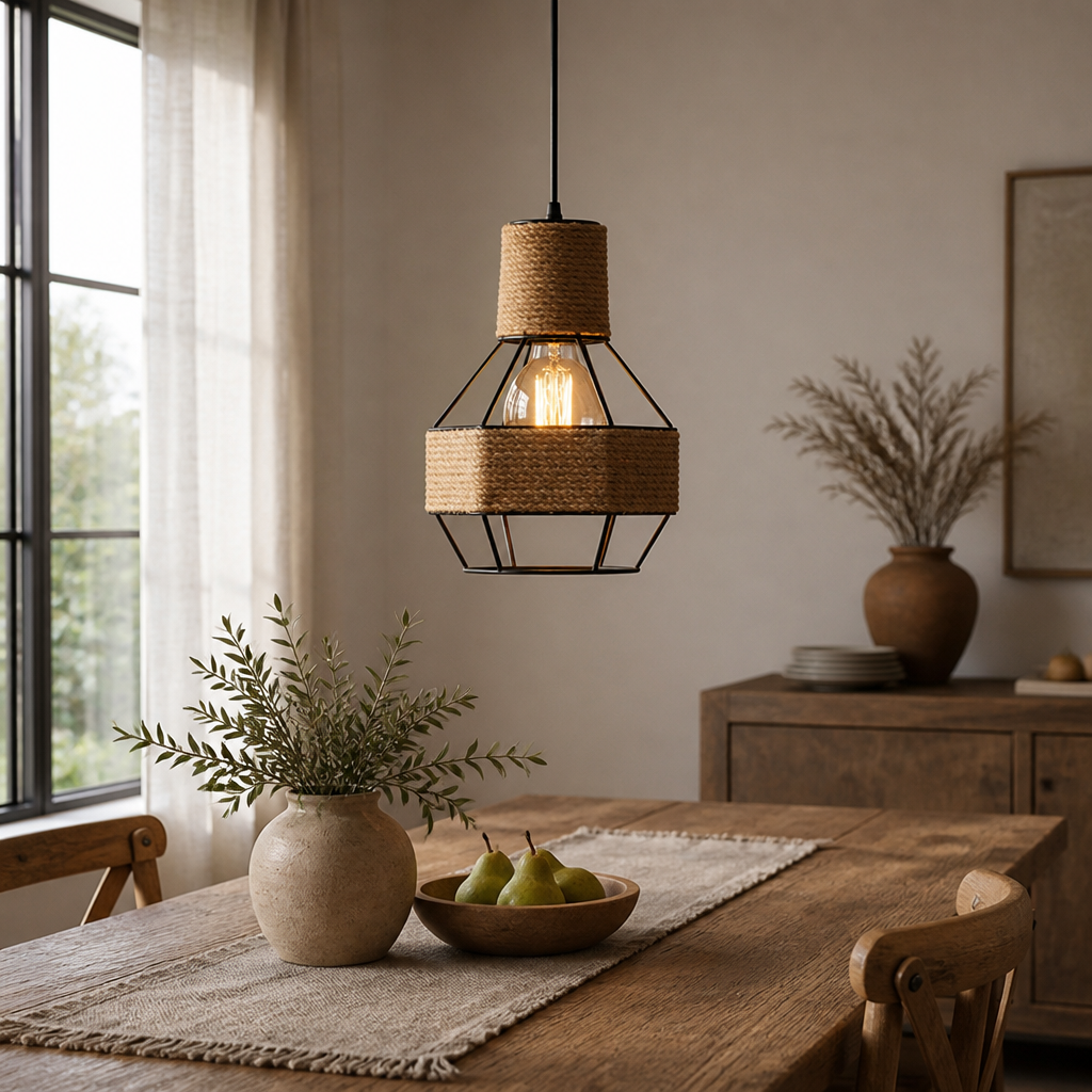 Vintage Jute & Metal Cone Pendant Light