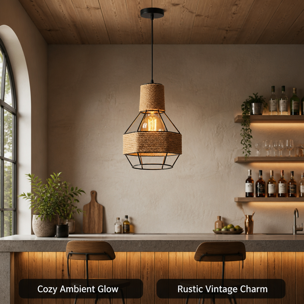 Vintage Jute & Metal Cone Pendant Light