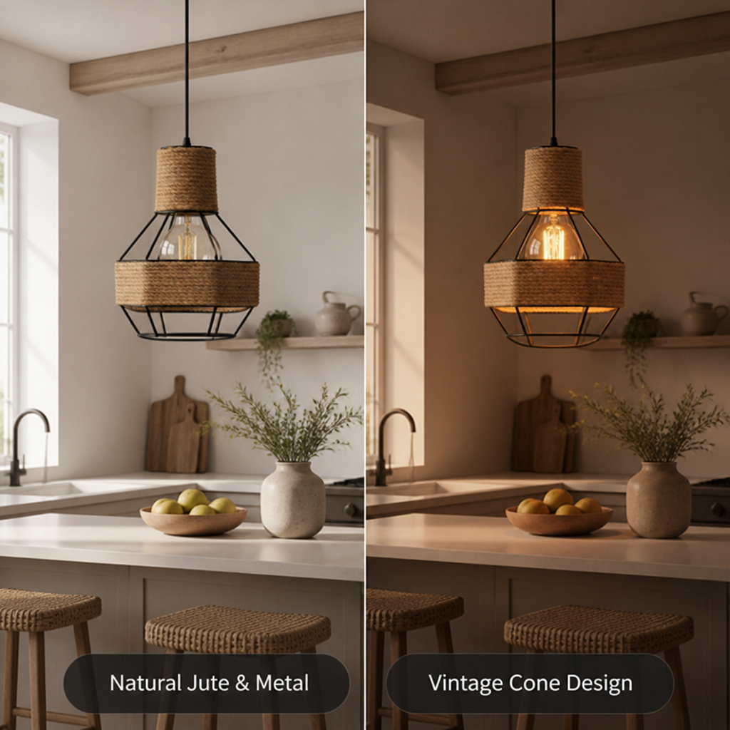 Vintage Jute & Metal Cone Pendant Light