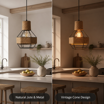 Vintage Jute & Metal Cone Pendant Light