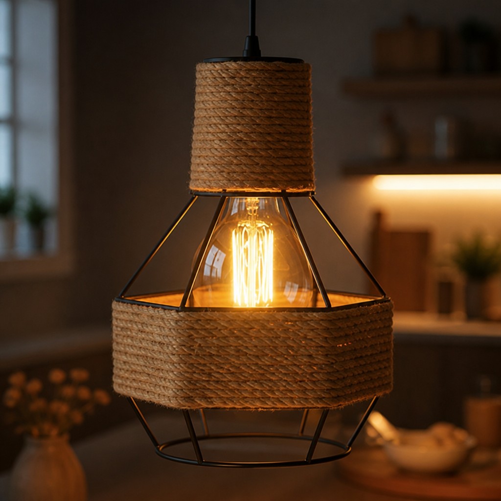 Vintage Jute & Metal Cone Pendant Light