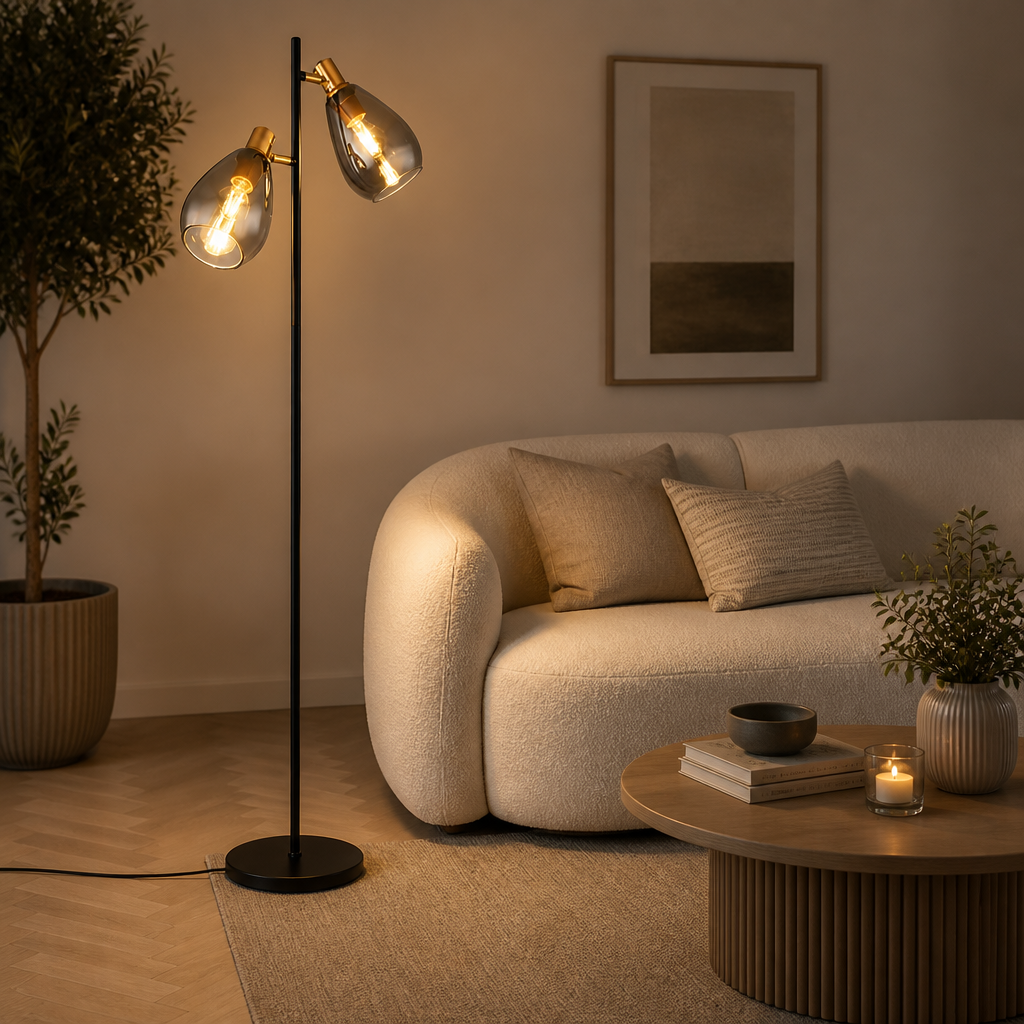 Vintage Smoke Glass Brass Accents Floor Lamp