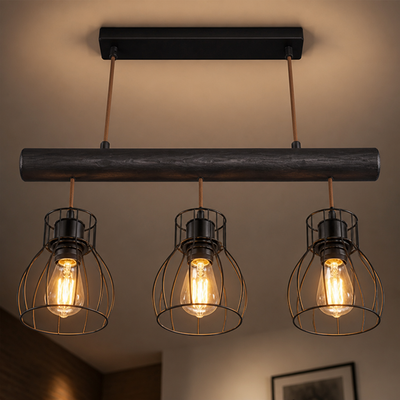 Vintage Wood Metal Cage Pendant Light