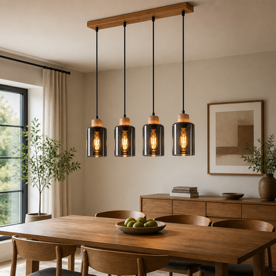 Vintage Wood & Smoked Glass Pendant Light