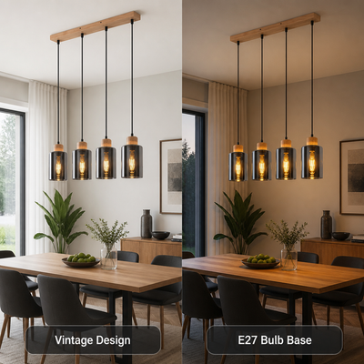 Vintage Wood & Smoked Glass Pendant Light