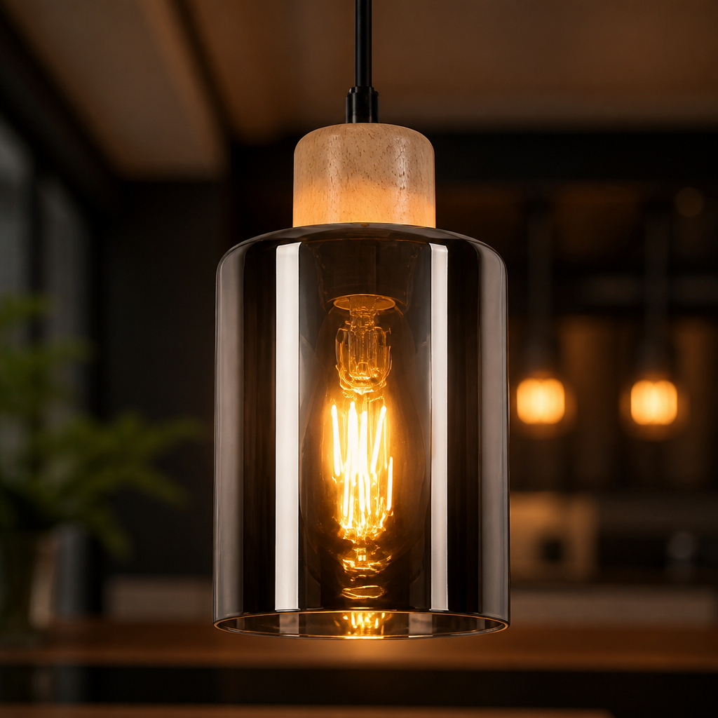 Vintage Wood & Smoked Glass Pendant Light