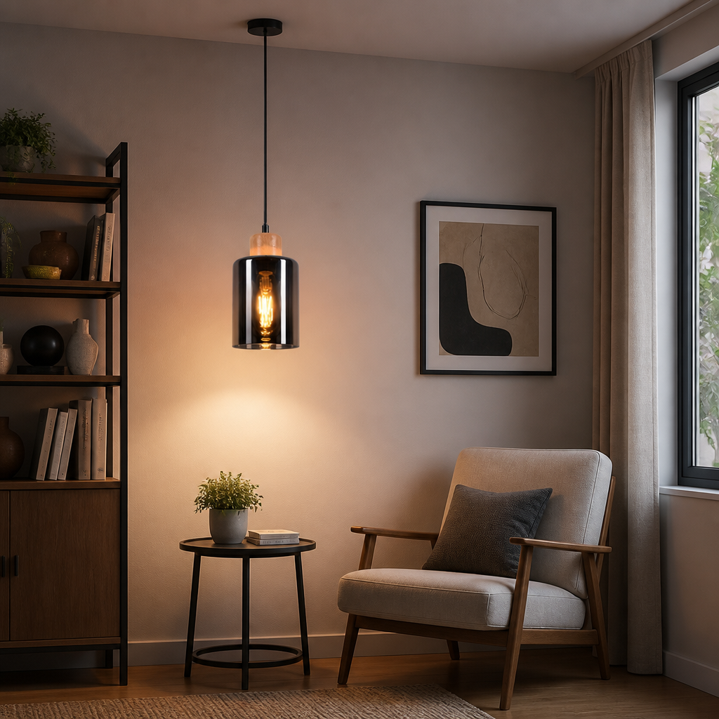 Vintage Wood & Smoked Glass Pendant Light