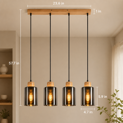 Vintage Wood & Smoked Glass Pendant Light