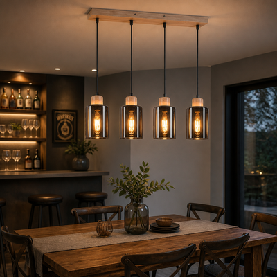 Vintage Wood & Smoked Glass Pendant Light