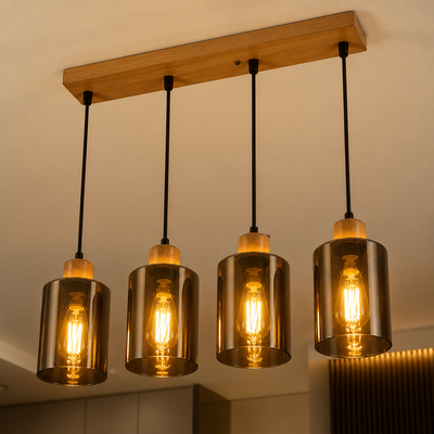 Vintage Wood & Smoked Glass Pendant Light