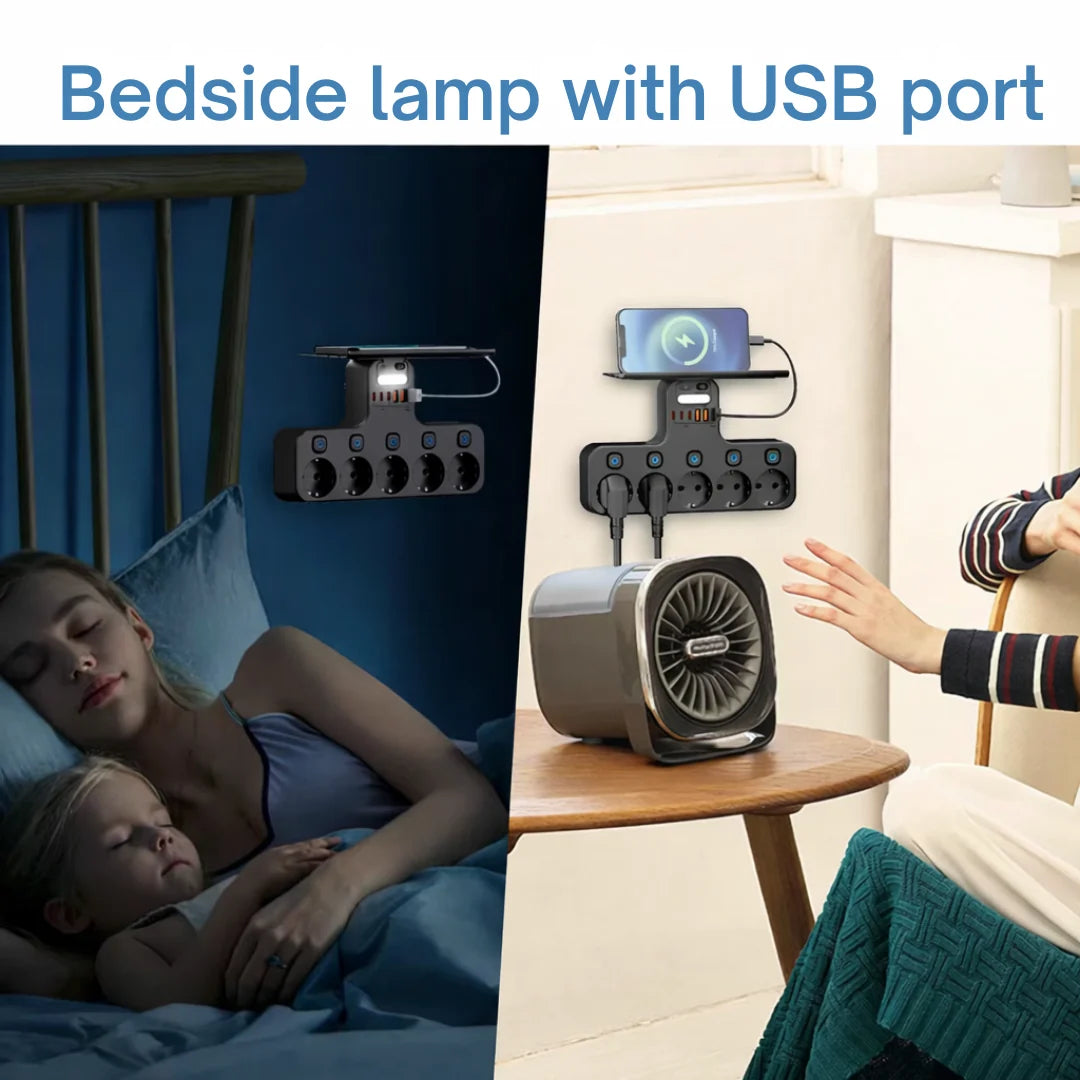 Wall Power Strip Individual Switches USB Charging Night Light