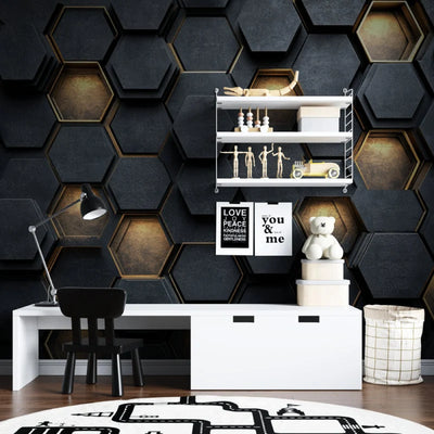 Wallpaper 3D Embossed Hexagon Black & Gold Self-Adhesive Option