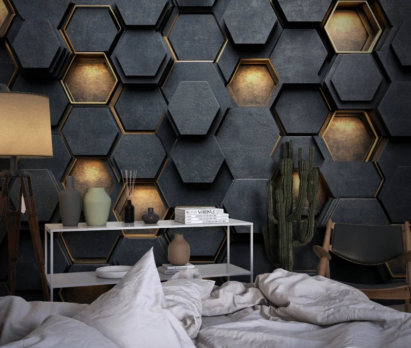 Wallpaper 3D Embossed Hexagon Black & Gold Self-Adhesive Option