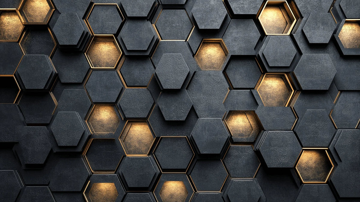 Wallpaper 3D Embossed Hexagon Black & Gold Self-Adhesive Option