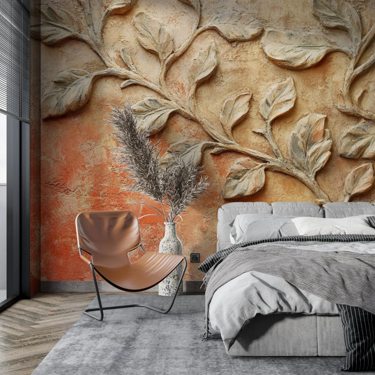 Wallpaper 3D Embossed Leaf Terracotta Self-Adhesive
