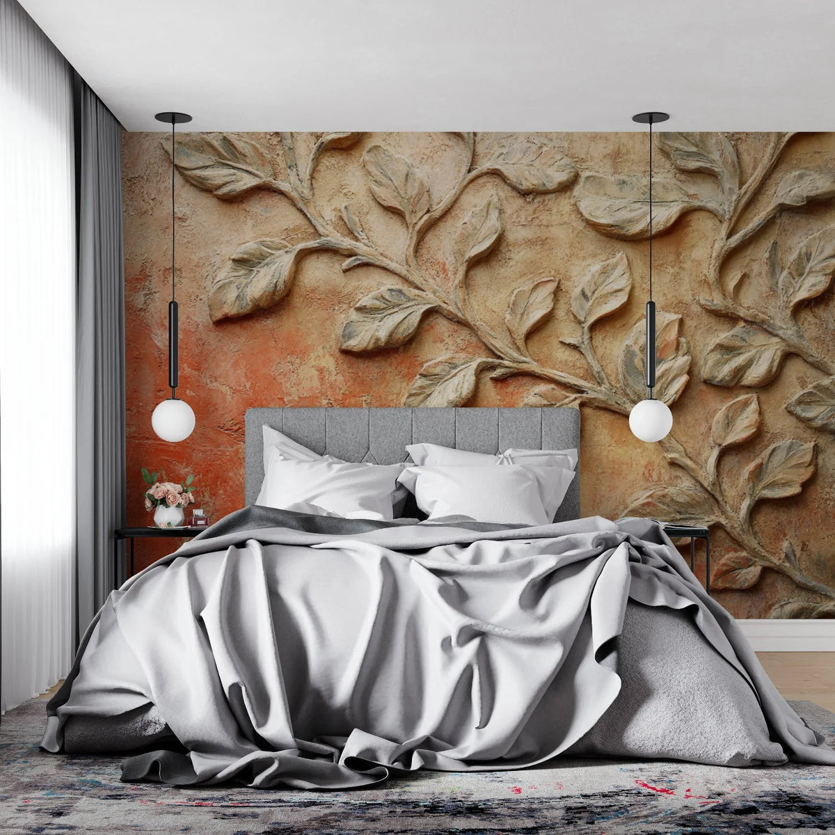 Wallpaper 3D Embossed Leaf Terracotta Self-Adhesive