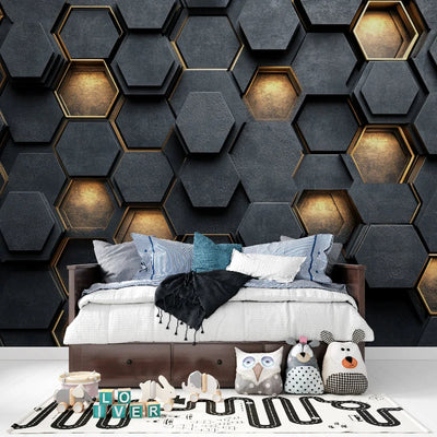 Wallpaper 3D Hexagon Embossed Black Gold Trim Self-Adhesive