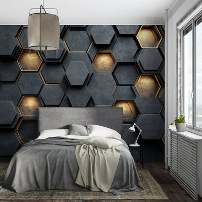 Wallpaper 3D Hexagon Embossed Black Gold Trim Self-Adhesive