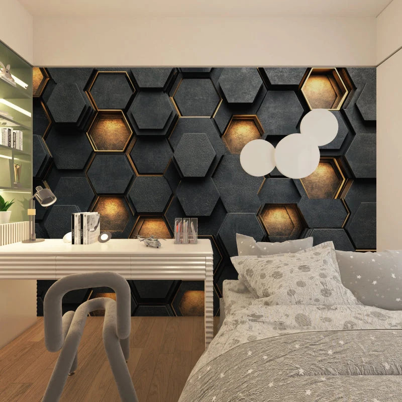 Wallpaper 3D Hexagon Embossed Black Gold Trim Self-Adhesive