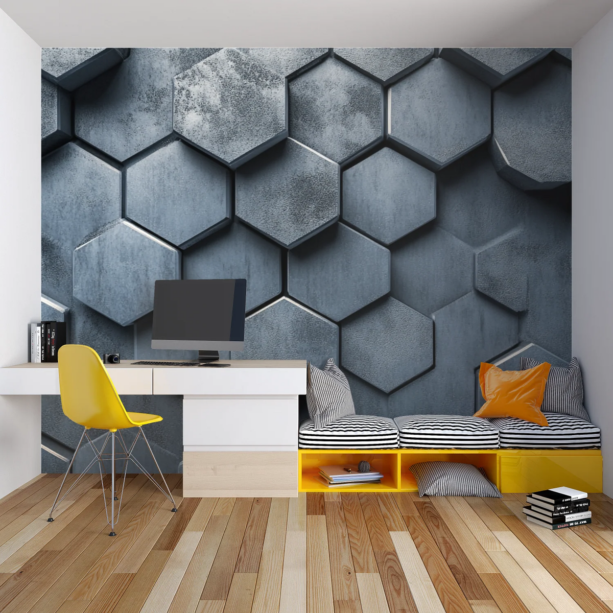 Wallpaper Non-Woven 3D Honeycomb Metallic Gray Peel & Stick