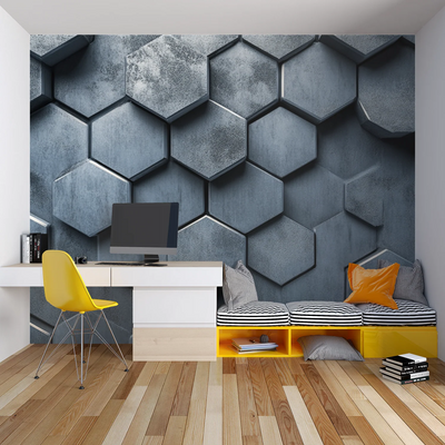 Wallpaper Non-Woven 3D Honeycomb Metallic Gray Peel & Stick